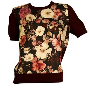 Salvatore Ferragamo Floral Front Knit Top in Black and Burgundy